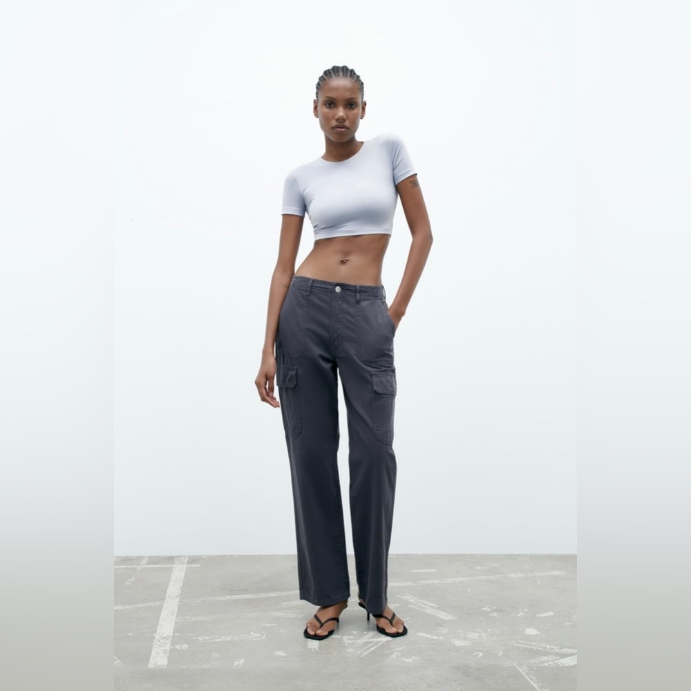 Zara TRF High Rise Straight Cargo Pants Ink Blue (Navy Blue/Gray) -NWT - Size 6